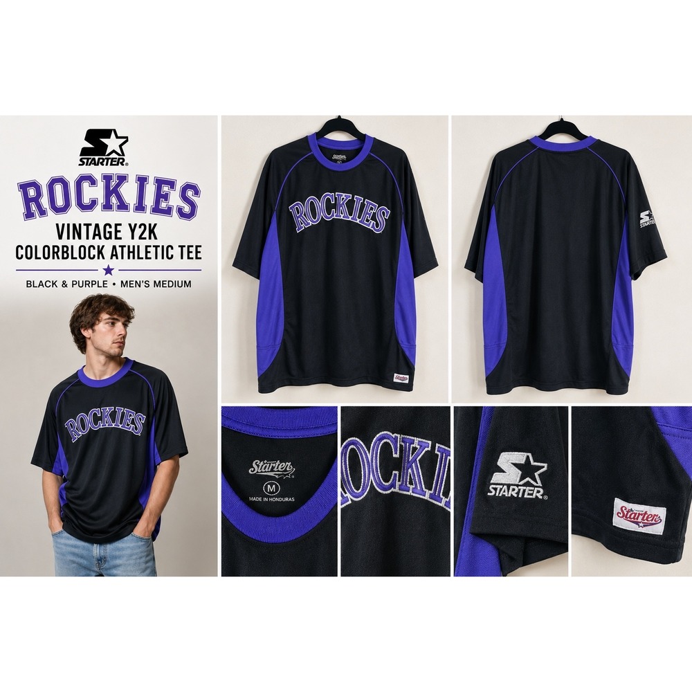 Starter Colorado Rockies Mens Jersey Shirt Medium Black Purple Y2K